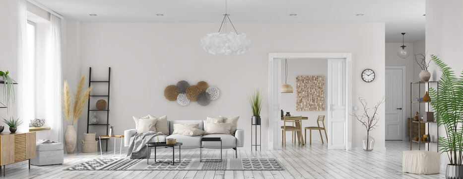 Interior design of modern scandinavian apartment, living room and dining room. Home design. Panorama 3d rendering
