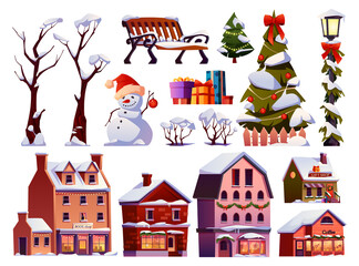 Christmas and New Year street design elements isolated icons set. Vector bare trees in snow, decorated street houses with chimneys. Snowman and lanterns, fir with garlands and toys, gift boxes