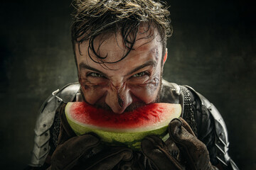 Portrait of one brutal bearded man, medeival warrior or knight with watermelon slice over dark background.