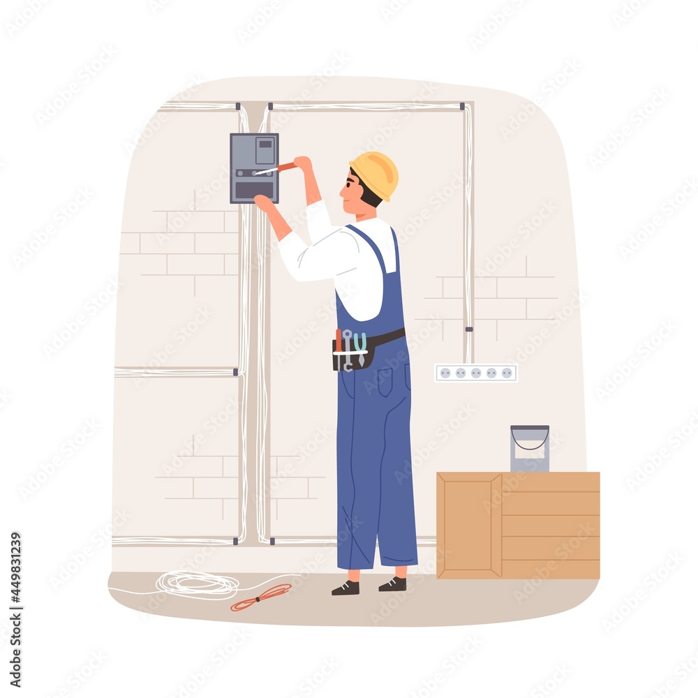 Poster electrician repairing and installing electrical wiring system. workman fixing wires and cables with 