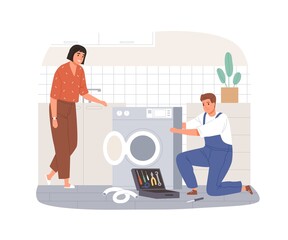 Worker fixing broken washing machine. Master from emergency repair service help woman with home appliance. Repairman working with tools. Flat vector illustration isolated on white background