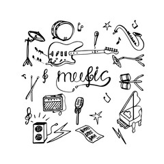 Simple Black and White Set of Icons Related to Music