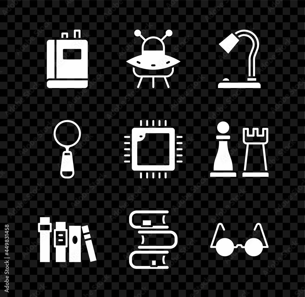 Poster set book, ufo flying spaceship, table lamp, eyeglasses, magnifying and processor with cpu icon. vect