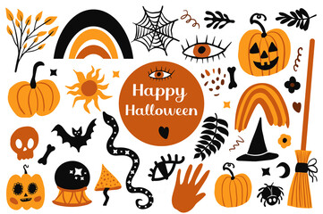 Happy halloween Boho abstract set. Bohemian mystical magic collection clip art hand drawing style. creative contemporary aesthetic doodle elements . Vector illustration - obrazy, fototapety, plakaty