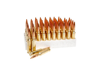 Packing of rifle and carbine cartridges. Ammunition for weapons. Isolate on a white back