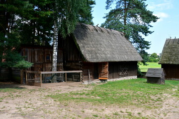 A view of a small abandoned shelter, hut, or house with an angled roof and with a dirt path leading to it with a lush garden growing on both sides seen on a cloudless summer day in Poland