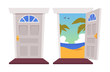 Open and closed house doors with view on beach, vector illustration isolated.