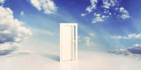 Open door to blue sky. Hope, new life, change concept.