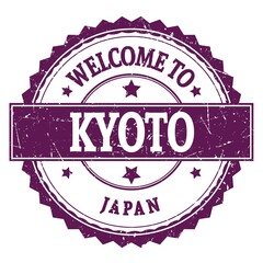 WELCOME TO KYOTO - JAPAN, words written on violet stamp