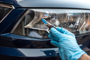 mechanic hold car halogen light bulb for repair against headlight auto in background