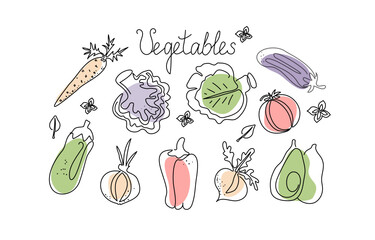 Set of vegetables in the style of line art. One line drawing. Vector graphics. Isolated background. - obrazy, fototapety, plakaty