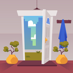Home exit or doorway with open door and view on city, flat vector illustration.