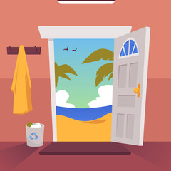 Background with view from house to tropical beach, flat vector illustration.