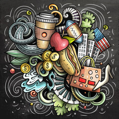 New York cartoon vector doodle chalkboard illustration