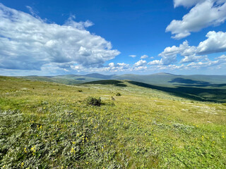  Ural Mountains near Dyatlov pass in summer in cloudy weather. Russia