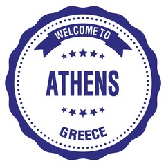 WELCOME TO ATHENS - GREECE, words written on dark blue stamp