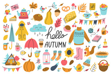 Large autumn set with hand lettering. Seasonal clothing, home comfort, harvest, forest animals and plants. Vector illustrations in a flat style. Design for paper products, clothing, postcard design