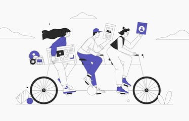 Business team riding tandem bicycle. Businessman and businesswoman characters on bike. Successful teamwork and leadership concept. Flat style vector illustration.