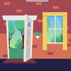 Cartoon flat vector illustration of open wooden door and window, sunny forest in the doorway.