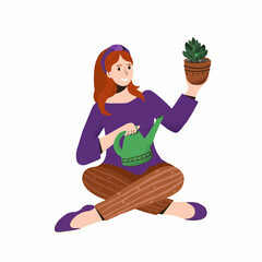 Caring for houseplants. Beautiful young woman watering houseplant succulent. Hobby.