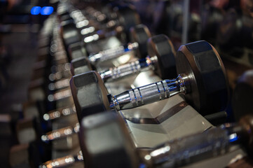 Fototapeta na wymiar Rows of dumbbells on a rack in the fitness or gym.