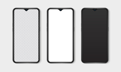 Realistic smartphone mockup set. Mobile phone blank, white, transparent screen design mock up. Isolated vector illustration