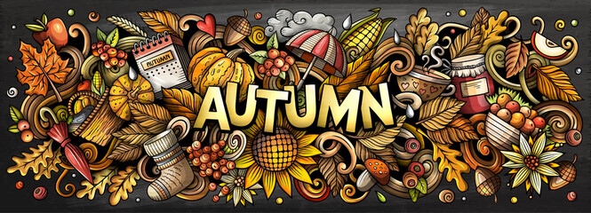 Autumn nature hand drawn cartoon doodle illustration. Funny seasonal design.