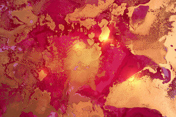 Magenta and gold abstract marble texture background. Luxury wallpaper with paint splashes and color waves. Modern liquid art illustration for poster, flyer, brochure design with shining glitter.