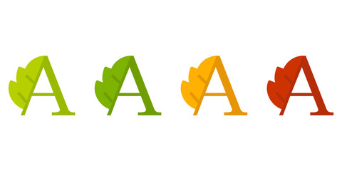Otoño. Caída de la hoja. Logotipo letra inicial A con forma de hoja de árbol en color verde, naranja y rojo	  - obrazy, fototapety, plakaty