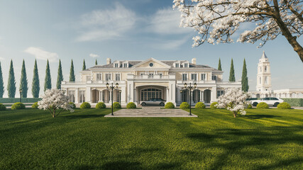 Luxurious residence with a green lawn. Beautiful expensive house. Luxurious mansion exterior. 3d illustration - obrazy, fototapety, plakaty