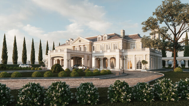 Luxury Mansion with garden. Expensive cars in the mansion. Luxury mansion villa house building. 3d illustration