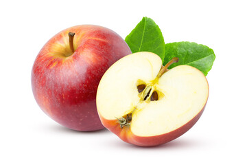 red apple with a slice isolated on white background.