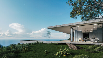 Fototapeta premium Modern Luxury House. Ocean view from luxury villa. 3d illustration