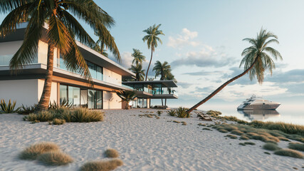 Luxury House on the coast. Private residence on the beach. Private Villa at sunset. 3d illustration