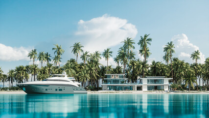 Luxury mansion beach house. Yacht on the villa background. 3d illustration