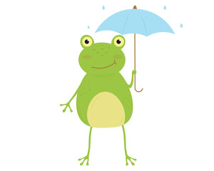 Cute cartoon frog standing under the umbrella