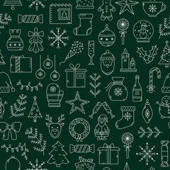 Vector Christmas seamless pattern. New Year background with outline icons