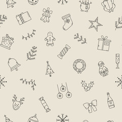 Vector Christmas seamless pattern. New Year background with outline icons