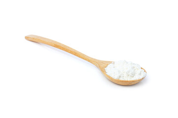 Corn starch in wooden spoon isolated on white background.
