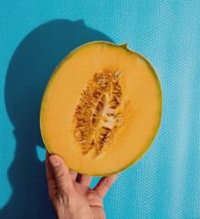 Male hand holds a melon, summer refreshment minimal concept on a blue background with a shadow