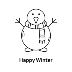 Vector Christmas illustration. New Year outline icon. Snowman