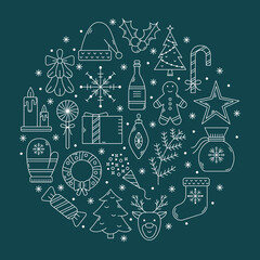 Vector Christmas illustration with a set of icons in a round shape.