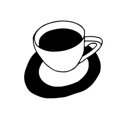 Black Hand drawing outline vector illustration of a cup of hot coffee or tea with a plate isolated on a white background
