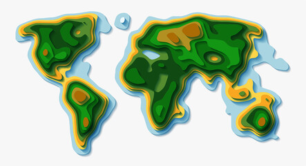 Papercut style vector world map. Topographic earth ecology background.