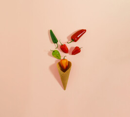 Jalapeno and habanero hot chili peppers in ice cream cone. Minimal flat lay composition on pastel...