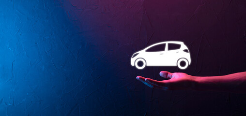 Fototapeta na wymiar Male hand holding car auto icon on neon red blue background. Wide banner composition.Car automobile insurance and collision damage waiver concepts