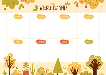 Weekly planner. Schedule design vector template  with hand drawn forest elements in scandinavian style - trees, shrubs, anthill, wild herbs, yellow background. Schedule design vector template.