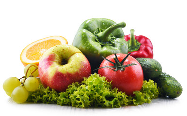 Composition with fresh vegetables and fruits isolated on white