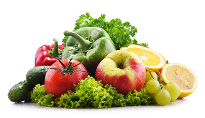 Composition with fresh vegetables and fruits isolated on white