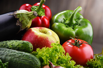Composition with fresh organic vegetables and fruits